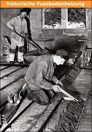 ::Auf diesem Foto aus dem Jahre 1933 können Sie sehen, wie die sog. "Hourdissteine" aus Ton auf die Aluminium-Wärmverteiler aufgesteckt werden. Der dadurch entstehende Hohlraum bewirkte, dass sich die Energie bereits unterhalb des Betonbodens schneller ausbreiten konnte. historische-fussbodenheizung-04