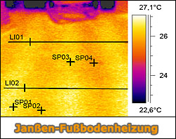 ::Thermografie der Janßen-Fußbodenheizung im Trockenaufbau unterhalb eines Parkettbodens. Die Gleichmäßigkeit der Farbverteilung belegt die geringe Temperaturwelligkeit an der Bodenoberfläche. therm500